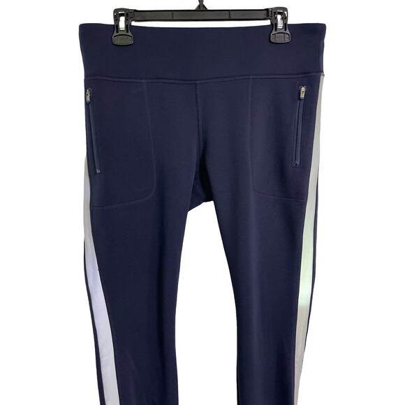 Athleta Navy Fleece Lined Leggings Reflective Stripe Pockets Size Large - Picture 6 of 12